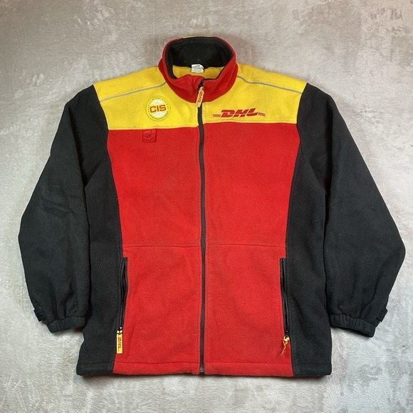 Vtg DHL Employee Jacket Mens M Full Zip Colorblock Fleece‎ Pockets Adjustable